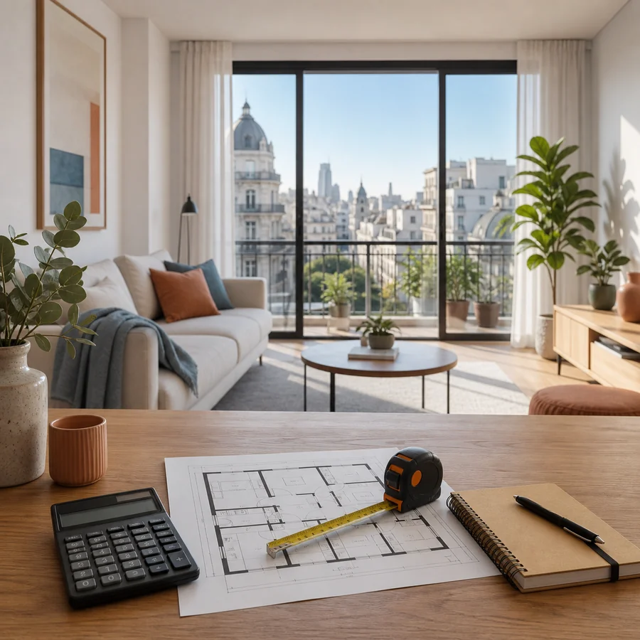 Calculadora de precio de alquiler con plano, calculadora y cinta métrica